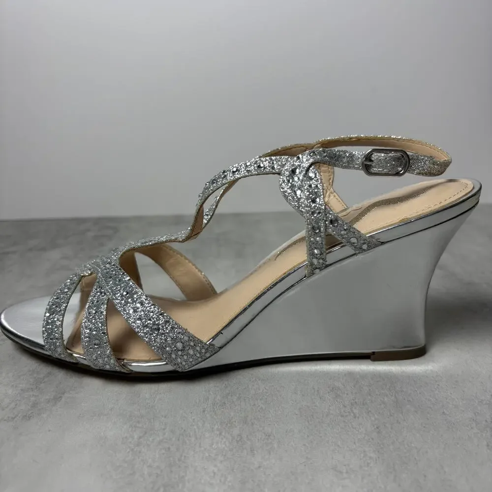 Nina Vanida Wedge Strappy Silver Glitter Rhinestone Dress Sandal Women's 9.5 - Picture 5 of 12